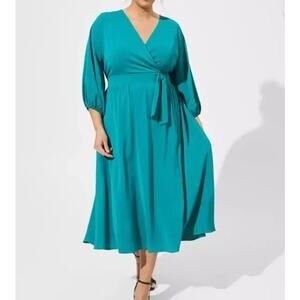 Torrid Teal Fanfare Bubble Sleeve Surplice Top Smocked Waist Midi Dress Sz 18/20